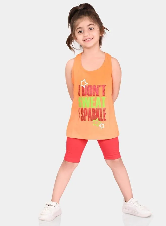 بونكيدز Regular Fit Printed Orange And Pink Cotton Sets For Girls Round Neck Flat Collar Pull On 100 % Cotton