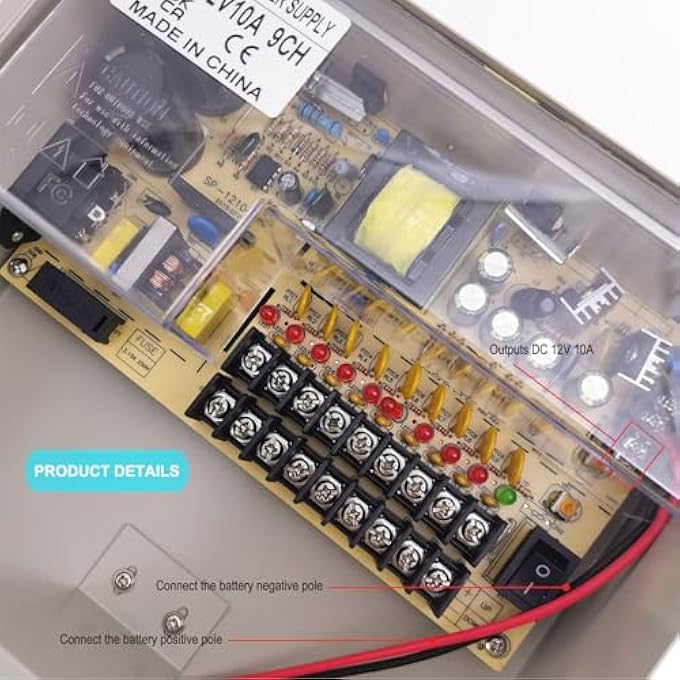 12V 10A CCTV POWER SUPPLY BOX BATTERY BACKUP UPS 9 CHANNEL WITH AC PLUG FOR SURVEILLANCE CAMERA ACCESS CONTROL LED - Image 2