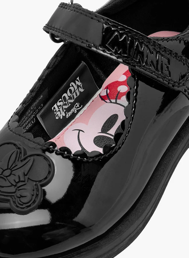 Disney Girls Minnie Mouse Applique Mary Jane School Shoes with Hook and Loop Closure