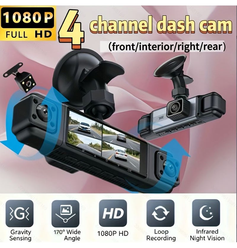 4 Lenses 1 Screen Dash Cam Simultaneous Display 32G Memory Card Front Rear Left Right 1080FHD Night Vision 170 Wide Angle - Image 1