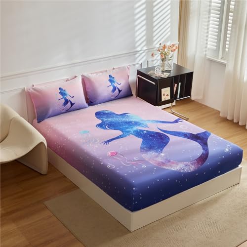 URLINENS Girls Mermaid Sheet Full Size 3 Piece, Ombre Pink Blue Mermaid Fitted Sheet and Pillowcase for Kids Teens, Soft Microfiber Girls Full Bed Sheet, Fun Girly Kids Sheet - Image 2