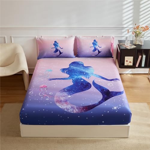URLINENS Girls Mermaid Sheet Full Size 3 Piece, Ombre Pink Blue Mermaid Fitted Sheet and Pillowcase for Kids Teens, Soft Microfiber Girls Full Bed Sheet, Fun Girly Kids Sheet - Image 1