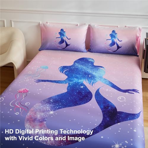 URLINENS Girls Mermaid Sheet Full Size 3 Piece, Ombre Pink Blue Mermaid Fitted Sheet and Pillowcase for Kids Teens, Soft Microfiber Girls Full Bed Sheet, Fun Girly Kids Sheet - Image 3