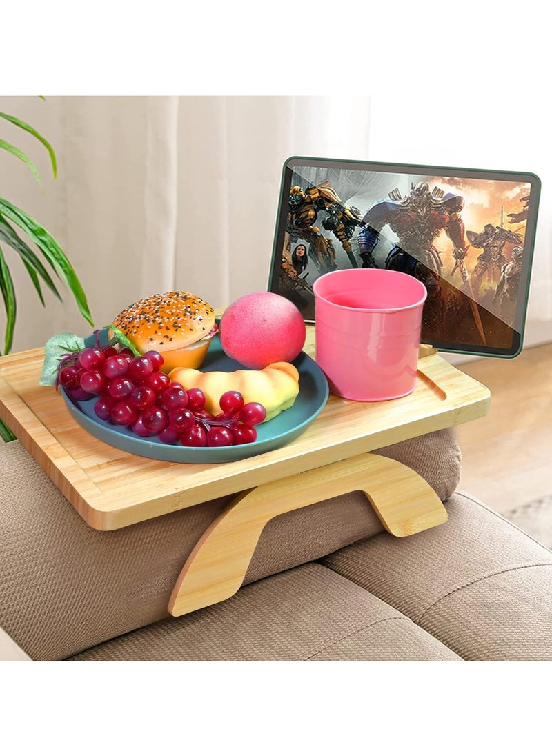 Generic - Natural Beech Wood Table Wooden Couch Arm Clip On Tray with Rotating Phone Holder Portable Sofa Arm Table for Wide Couches Space Saving Sofa Armrest Side Tables (Rectangle). - Image 1
