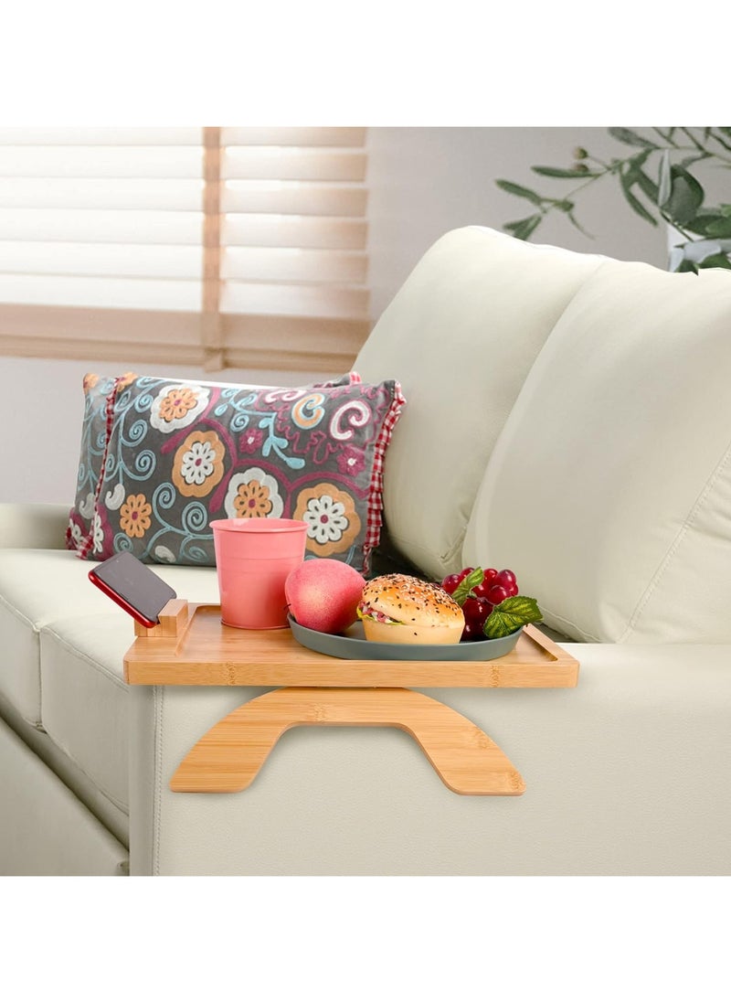 Generic - Natural Beech Wood Table Wooden Couch Arm Clip On Tray with Rotating Phone Holder Portable Sofa Arm Table for Wide Couches Space Saving Sofa Armrest Side Tables (Rectangle). - Image 1