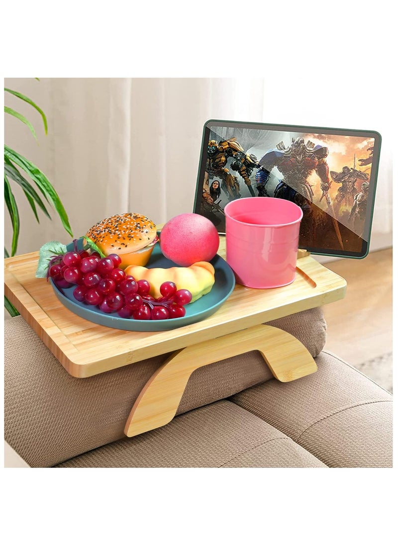 Generic - Natural Beech Wood Table Wooden Couch Arm Clip On Tray with Rotating Phone Holder Portable Sofa Arm Table for Wide Couches Space Saving Sofa Armrest Side Tables (Rectangle). - Image 1