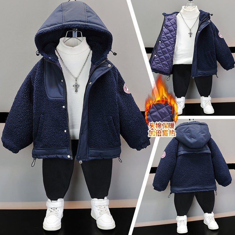 Boys Cotton-padded Jacket Childrens Lamb Velvet Autumn and Winter Wear for Young Boys Thickened Cotton-padded Jacket Babys Woolen Sweater Trendy Recommended height +10cm 