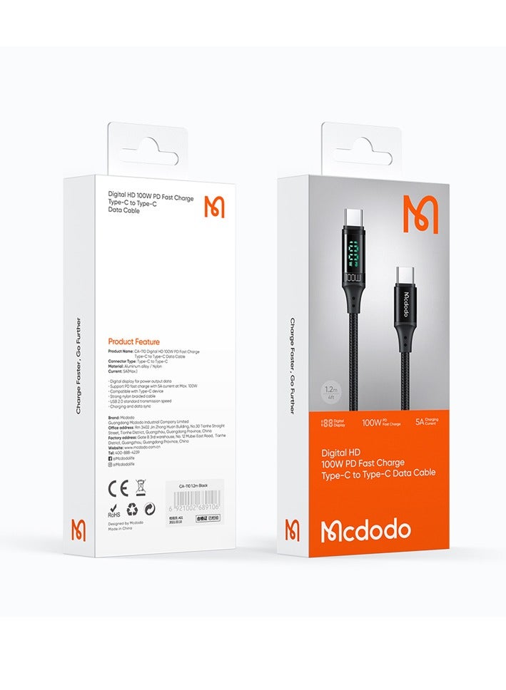 Mcdodo كابل MCDODO CA-1100 من نوع C إلى نوع C بطول 1.2 متر مع عرض رقمي للشحن السريع باللون الأسود - Image 2