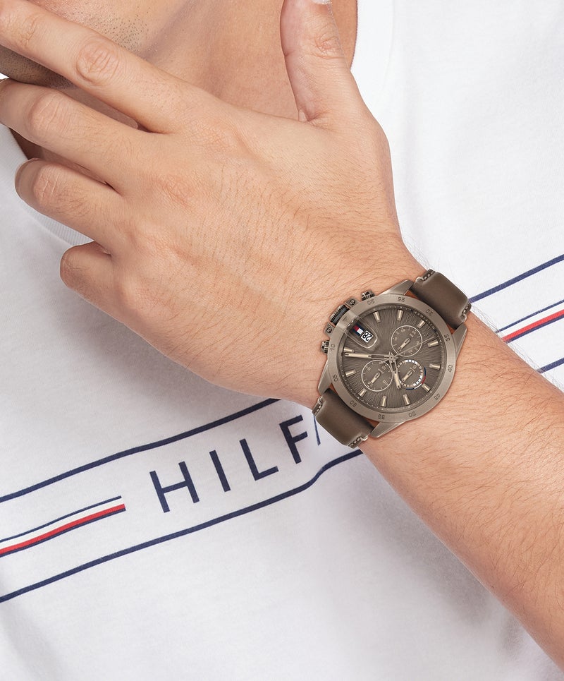 TOMMY HILFIGER Round Multifunction Men'S Ionic Plated Khaki Steel Case  Watch - Image 4