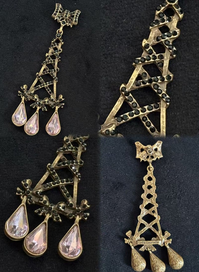 Plane Trees Vintage Chandelier Drop Earrings with Pink Crystal – Retro Eiffel Style for Women | PLANE TREES - Image 2