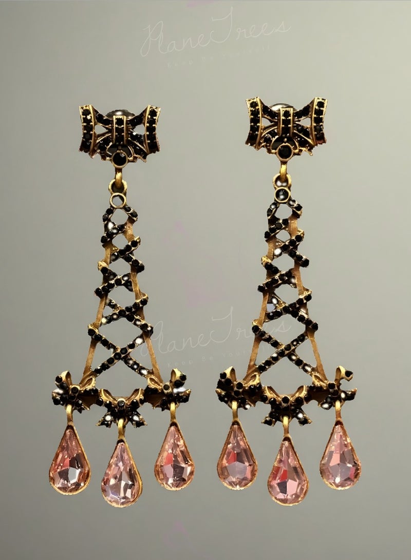Plane Trees Vintage Chandelier Drop Earrings with Pink Crystal – Retro Eiffel Style for Women | PLANE TREES - Image 1