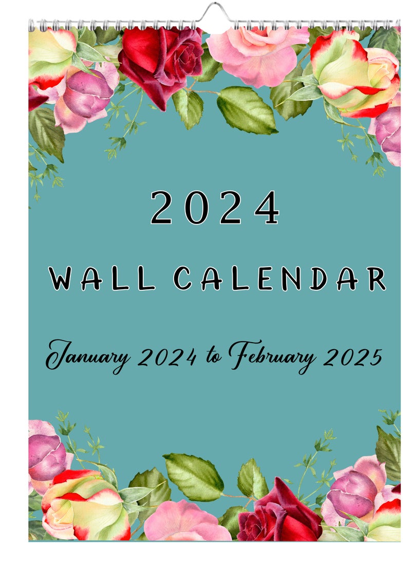 Generic - مخطط تقويم الحائط 2024-2025 14 ورقة من تقويم الحائط الشهري بطبعات زهور جميلة من يناير 2024 إلى فبراير 2025 مقاس A3، مع سلك ربط بالإضافة إلى خطاف وكتل كبيرة - Image 1