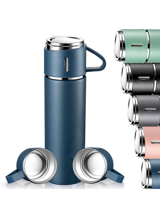 MOSH 500ml Stainless Steel Vacuum Thermos Flask with Silicone Handle – Insulated Water Bottle with 2 Stainless Steel Cups for Hot & Cold Drinks, Outdoor Travel Gift Box (1 Pack, Blue) - Image 1