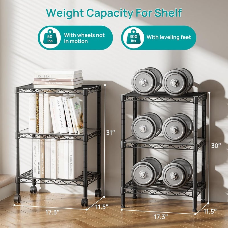 SINGAYE 3 Small Shelves Storage Shelf Wire Shelving Unit Metal Shelf Adjustable Organizers Storage Shelving with Wheels for Bathroom Laundry Room Kitchen Pantry11.5”D x 17.3”W x 30”H Black - Image 3