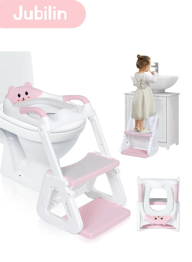 جوبيلين مقعد مرحاض للتدريب على استخدام النونية 2 في 1 مع كرسي مرحاض متدرج للطفل الصغير، مقعد نونية للتدريب على استخدام النونية للأطفال الأولاد والبنات مع واقي من الرذاذ ووسادة مضادة للانزلاق، سلم قابل للتعديل وارتفاع مقعد النونية، وردي - Image 1