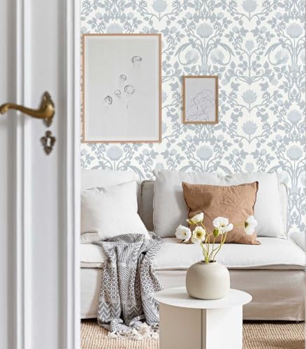 YXTII 17.3" × 393.7" Blue Floral Peel and Stick Wallpaper, Damask Vintage Wallpaper for Bedroom Bathroom Self Adhesive Removable - Image 4