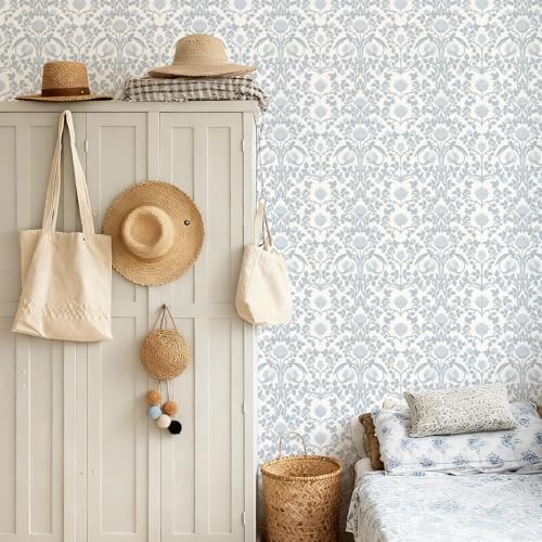 YXTII 17.3" × 393.7" Blue Floral Peel and Stick Wallpaper, Damask Vintage Wallpaper for Bedroom Bathroom Self Adhesive Removable - Image 3