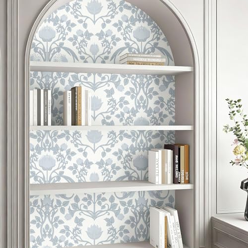 YXTII 17.3" × 393.7" Blue Floral Peel and Stick Wallpaper, Damask Vintage Wallpaper for Bedroom Bathroom Self Adhesive Removable - Image 5