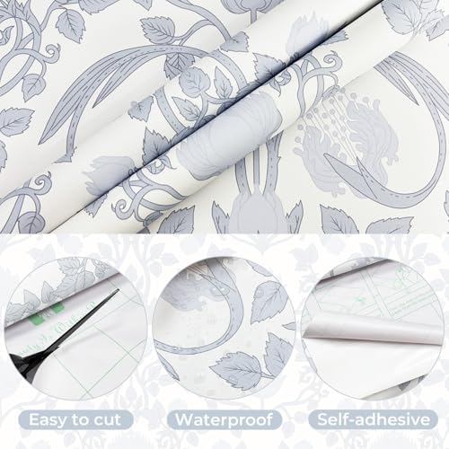 YXTII 17.3" × 393.7" Blue Floral Peel and Stick Wallpaper, Damask Vintage Wallpaper for Bedroom Bathroom Self Adhesive Removable - Image 2