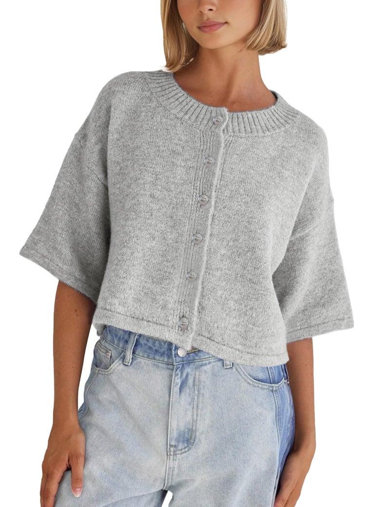 Springrain Cardigan Sweaters for Women Lightweight Knit Cropped Cardigan Button Up Solid Knitwear(LightGrey-XL) - Image 1
