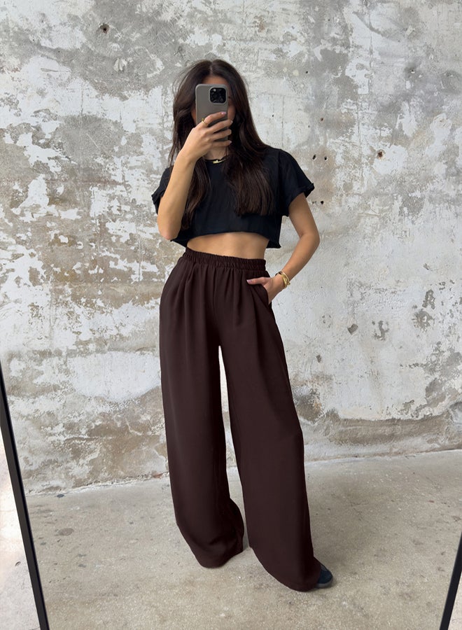 trendyol Brown Beli Elastic Pull On Wide Leg/Wide Leg Woven Trousers - Image 1
