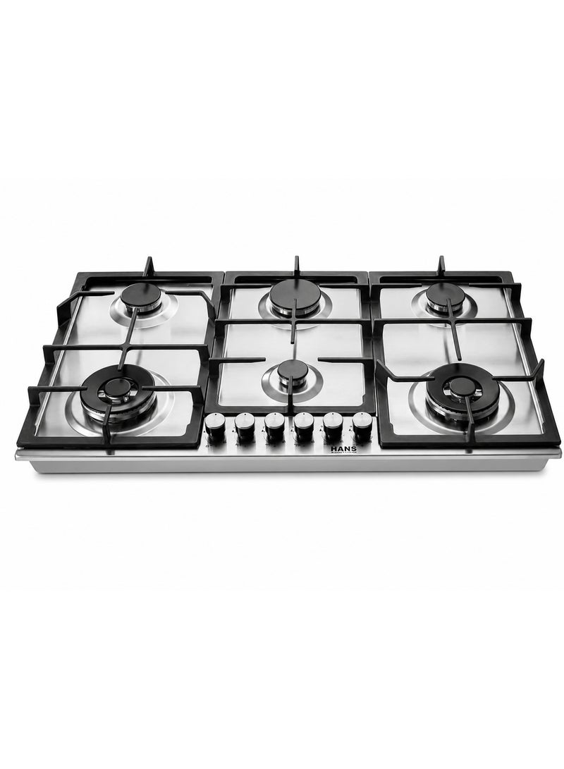 هانس موقد غاز بلت إن مقاس 90 سم - منطقة طهي Maxi+ FullZone موسعة - 6 مناطق طهي - شعلتا Wok مزدوجتا الحلقة DualCrown من SABAF بقدرة 4.0 كيلوواط - صمامات غاز SABAF إيطالية أصلية - سطح من الستانلس ستيل AISI 304 - إشعال تلقائي InstantFlame - نظام أمان كامل للغاز FFD وحوامل أواني من الحديد الزهر - ستانلس ستيل - BROGHO 9K4G2W X SF - Image 1