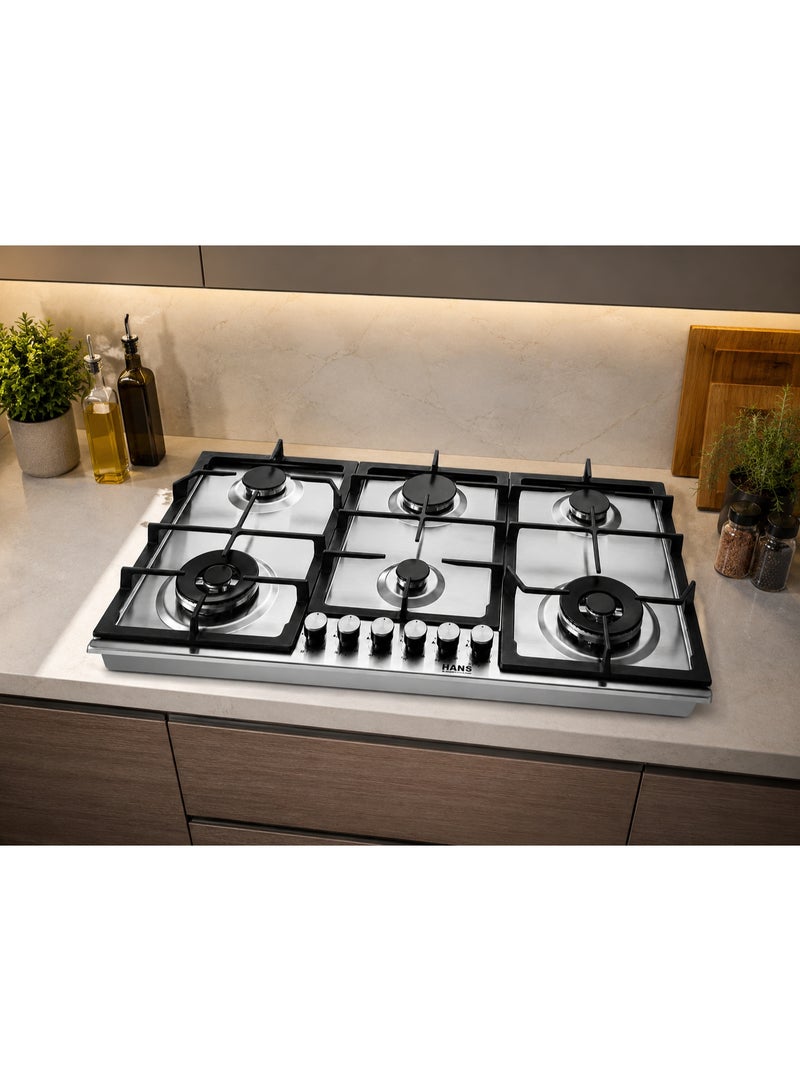 هانس موقد غاز بلت إن مقاس 90 سم - منطقة طهي Maxi+ FullZone موسعة - 6 مناطق طهي - شعلتا Wok مزدوجتا الحلقة DualCrown من SABAF بقدرة 4.0 كيلوواط - صمامات غاز SABAF إيطالية أصلية - سطح من الستانلس ستيل AISI 304 - إشعال تلقائي InstantFlame - نظام أمان كامل للغاز FFD وحوامل أواني من الحديد الزهر - ستانلس ستيل - BROGHO 9K4G2W X SF - Image 2