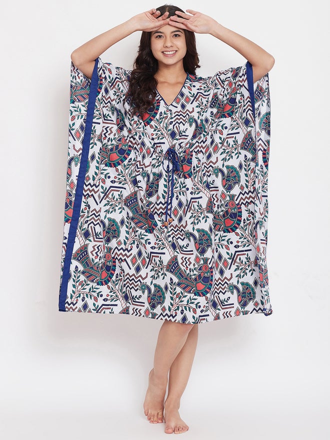 The Kaftan Company White Cotton Printed Kaftan Nightdress with 3/4 Sleeves - Image 3