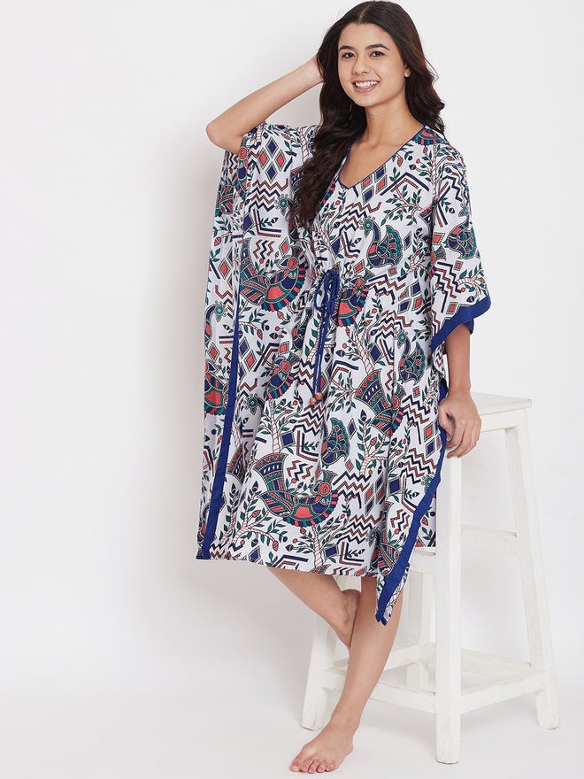 The Kaftan Company White Cotton Printed Kaftan Nightdress with 3/4 Sleeves - Image 1