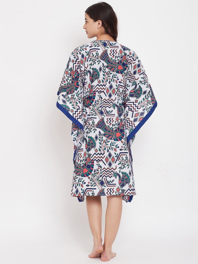 The Kaftan Company White Cotton Printed Kaftan Nightdress with 3/4 Sleeves - Image 5