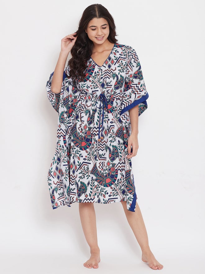The Kaftan Company White Cotton Printed Kaftan Nightdress with 3/4 Sleeves - Image 2