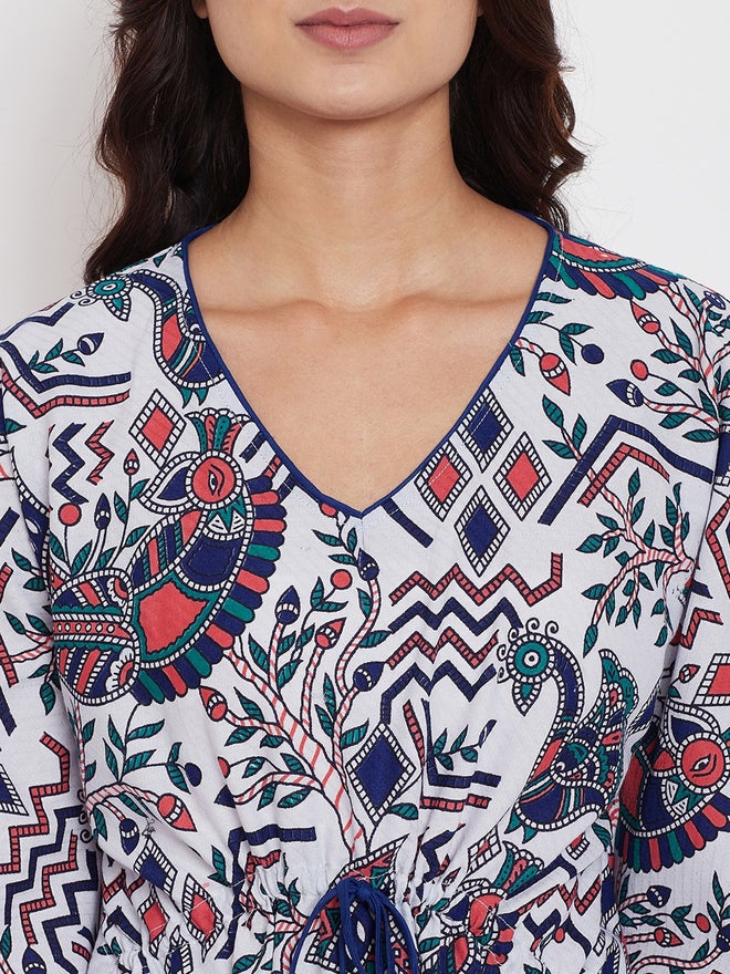 The Kaftan Company White Cotton Printed Kaftan Nightdress with 3/4 Sleeves - Image 4
