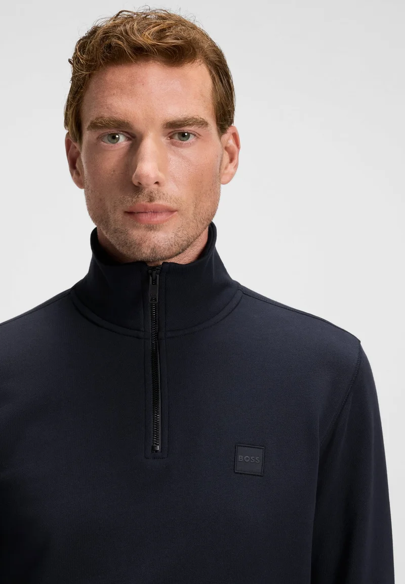 BOSS Dark Blue Quarter-zip cotton-terry sweatshirt with logo patch for Men | Best Price UAE