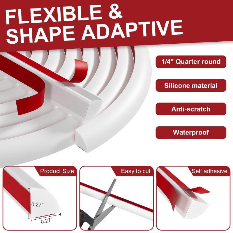 Risunpet 0.25" x 0.25" Slim Quarter Round Molding,10FT Self Adhesive Flexible Trim for Small Gaps, Countertop Wall Seam, Window Sill, Desk & Cabinet Edge, Peel and Stick Finishing Strip - Image 3