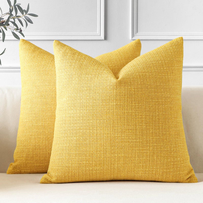 OTOSTAR Pack of 2 Throw Pillow Covers 20x20 Inch Linen Yellow Pillowcases Farmhouse Decorative Solid Pillow Covers 50x50 cm Square Cushion Case for Home Decor Sofa Couch Bed Yellow