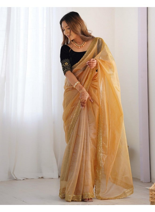 SIRIL SIRIL Women's Shimmer Net Saree | Sequence Embroidery Saree With Unstitched Blouse Piece (3997S131A_Light Brown) - Image 2
