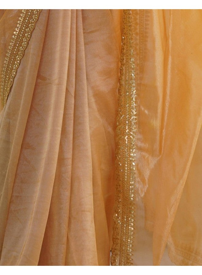 SIRIL SIRIL Women's Shimmer Net Saree | Sequence Embroidery Saree With Unstitched Blouse Piece (3997S131A_Light Brown) - Image 5