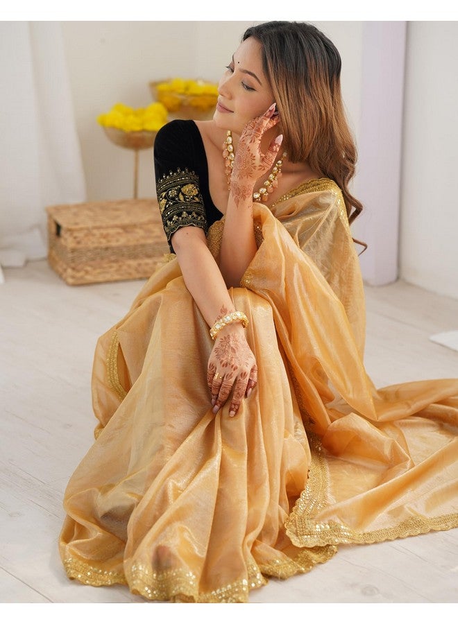 SIRIL SIRIL Women's Shimmer Net Saree | Sequence Embroidery Saree With Unstitched Blouse Piece (3997S131A_Light Brown) - Image 4
