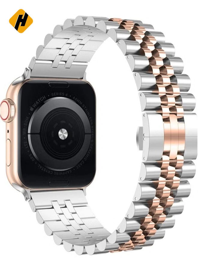 HuHa Compatible with Apple Watch Band 41mm 40mm 38mm, Stainless Steel Heavy Band with Butterfly Folding Clasp Link Bracelet for iWatch Series8/7/6/SE Series 5/4/3/Men Women ,Silver/Rose Gold  - Image 1