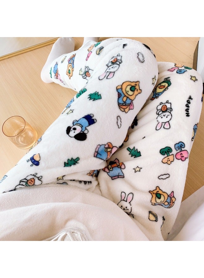 Cartoon Cat Flannel Pajamas For Women Autumn And Winter New Coral Velvet Thickeneded Fleece-lined Warm Casual Home Pants