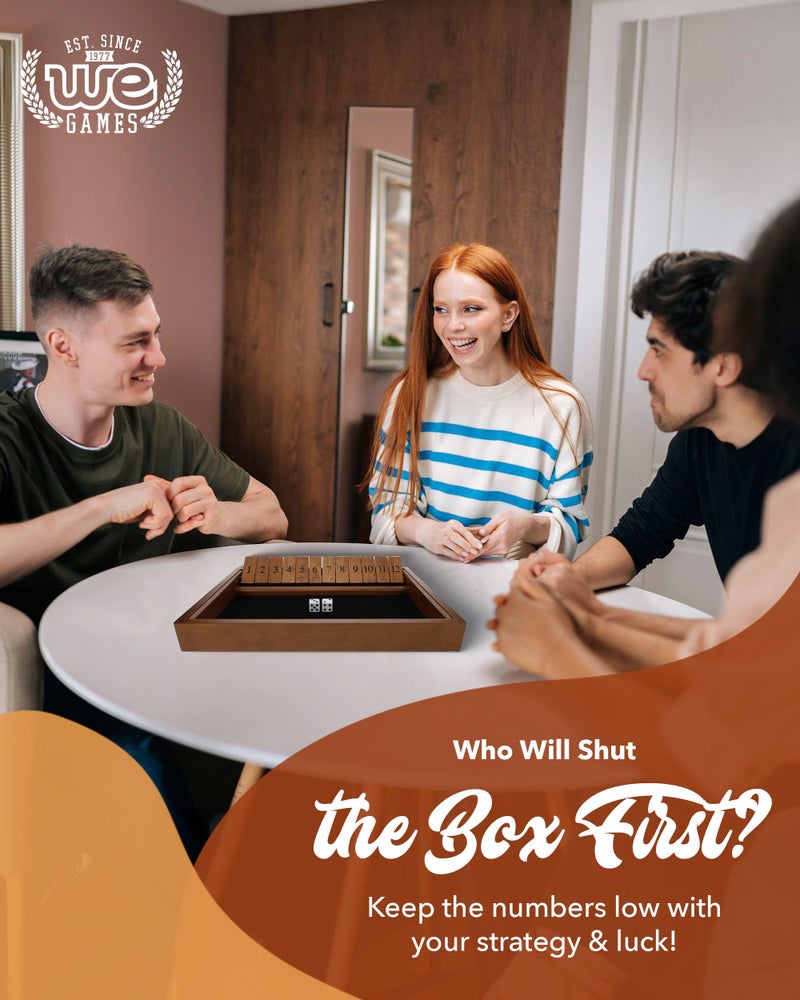 WE Games Wooden Shut The Box - Close The Box Set with 12 Number Tiles & 2 Dice Games - 13.5â€ Walnut Stained Finish - Image 2