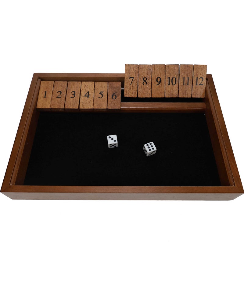 WE Games Wooden Shut The Box - Close The Box Set with 12 Number Tiles & 2 Dice Games - 13.5â€ Walnut Stained Finish - Image 1