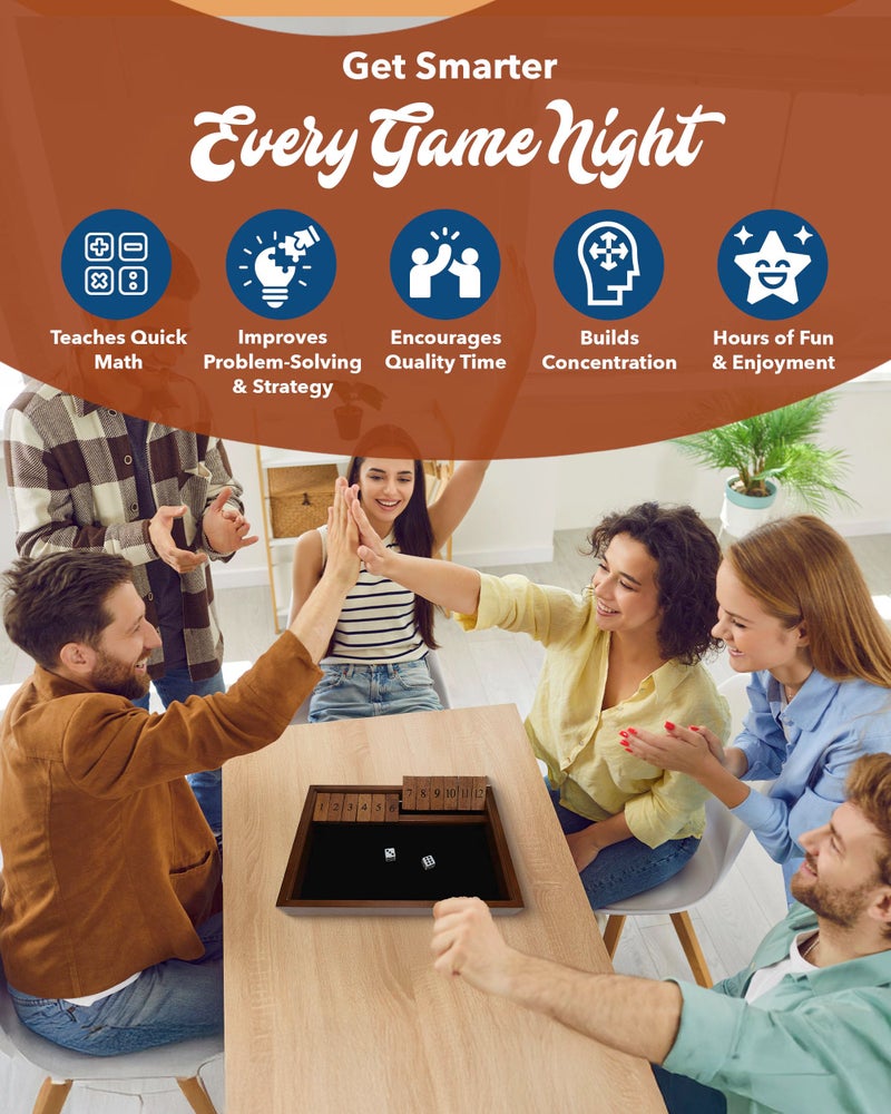 WE Games Wooden Shut The Box - Close The Box Set with 12 Number Tiles & 2 Dice Games - 13.5â€ Walnut Stained Finish - Image 5