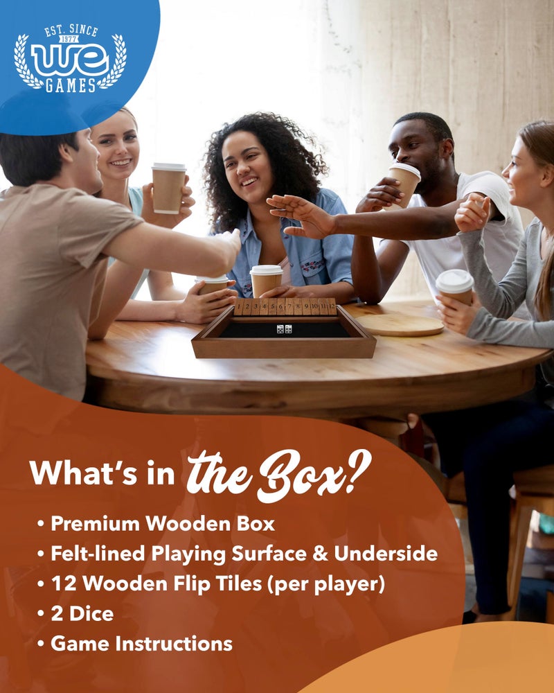 WE Games Wooden Shut The Box - Close The Box Set with 12 Number Tiles & 2 Dice Games - 13.5â€ Walnut Stained Finish - Image 4