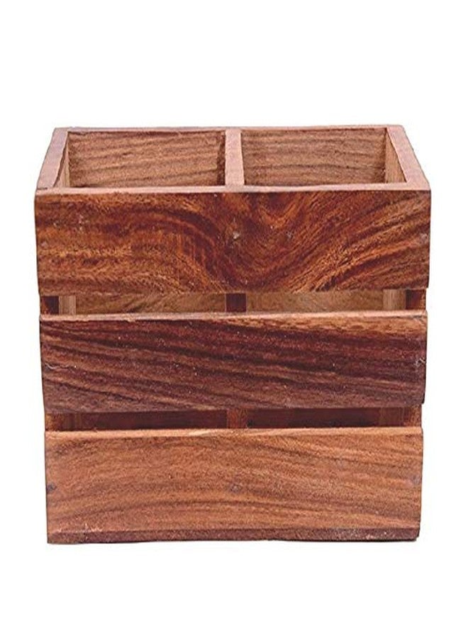 UMAAS Unique Wooden Handicrafts Handmade Wooden Multipurpose Cutlery Holder Basket Shape (4 Compartments Brown, 5.5x4x3 Inches) - Image 2