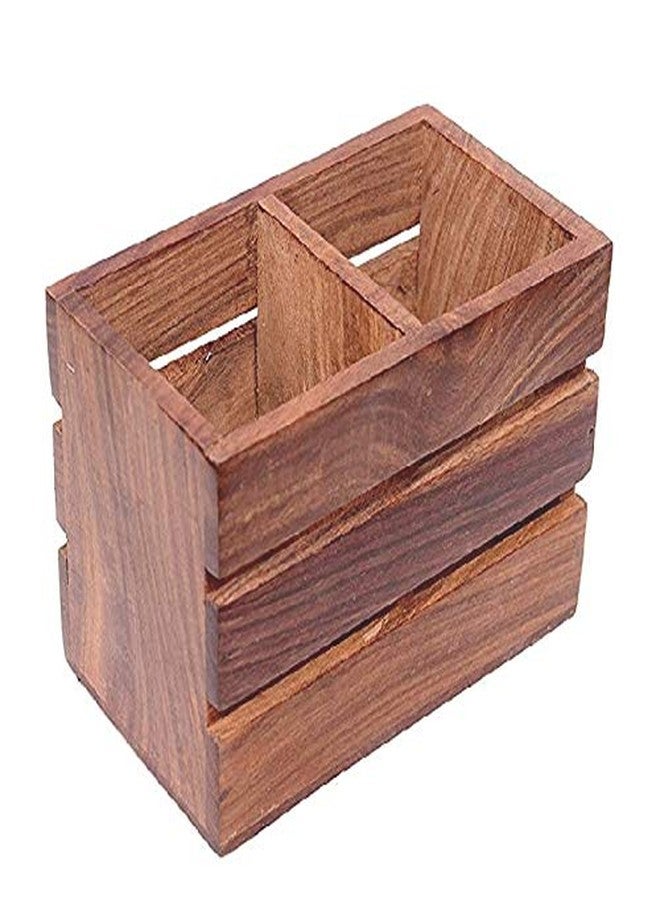 UMAAS Unique Wooden Handicrafts Handmade Wooden Multipurpose Cutlery Holder Basket Shape (4 Compartments Brown, 5.5x4x3 Inches) - Image 1