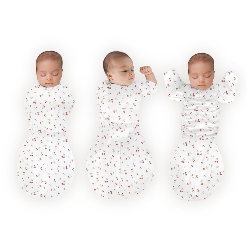 سوادل ديزاينز كيس لفّ الأطفال العضوي من SwaddleDesigns بستة أوضاع، مع إمكانية رفع الذراعين، مناسب للمواليد الجدد، يوفر خيارات متعددة لتهدئة ردة الفعل المفاجئة، ويحسن النوم، مقاس صغير، من 0 إلى 3 أشهر، من 6 إلى 14 رطلاً، بنقشة الكرز المائي. - Image 1