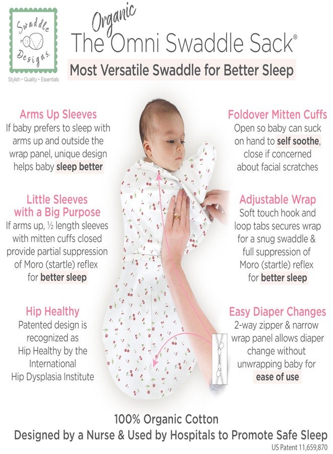 سوادل ديزاينز كيس لفّ الأطفال العضوي من SwaddleDesigns بستة أوضاع، مع إمكانية رفع الذراعين، مناسب للمواليد الجدد، يوفر خيارات متعددة لتهدئة ردة الفعل المفاجئة، ويحسن النوم، مقاس صغير، من 0 إلى 3 أشهر، من 6 إلى 14 رطلاً، بنقشة الكرز المائي. - Image 2