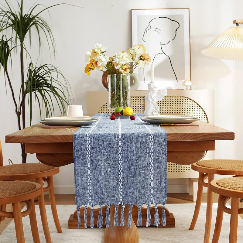 Chassic Rustic Farmhouse Style Linen Table Runner Boho Handmade Tassel Embroidery Table Runners 108 Inches Long for Holiday Party Dresser and Dining Decorations 13 x 108 inch  Blue