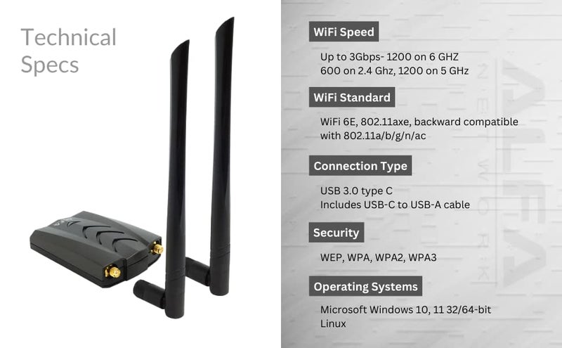 ALFA Network ALFA AWUS036AXML 802.11axe WiFi 6E USB 3.0 Adapter AXE3000, Tri Band 6 GHz, Gigabit Speed up to 3Gbps, TAA Compliant - Image 4